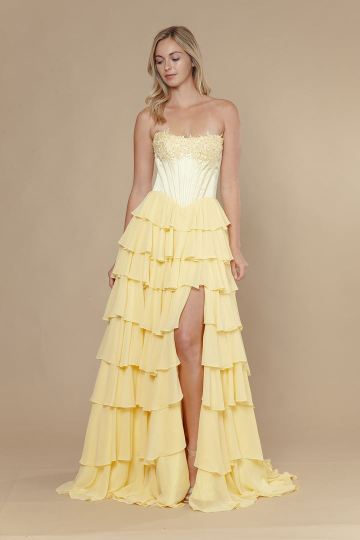 Strapless A-line Ruffled Slit Gown by Poly USA 25176