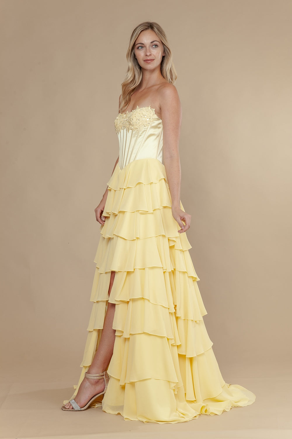 Strapless A-line Ruffled Slit Gown by Poly USA 25176