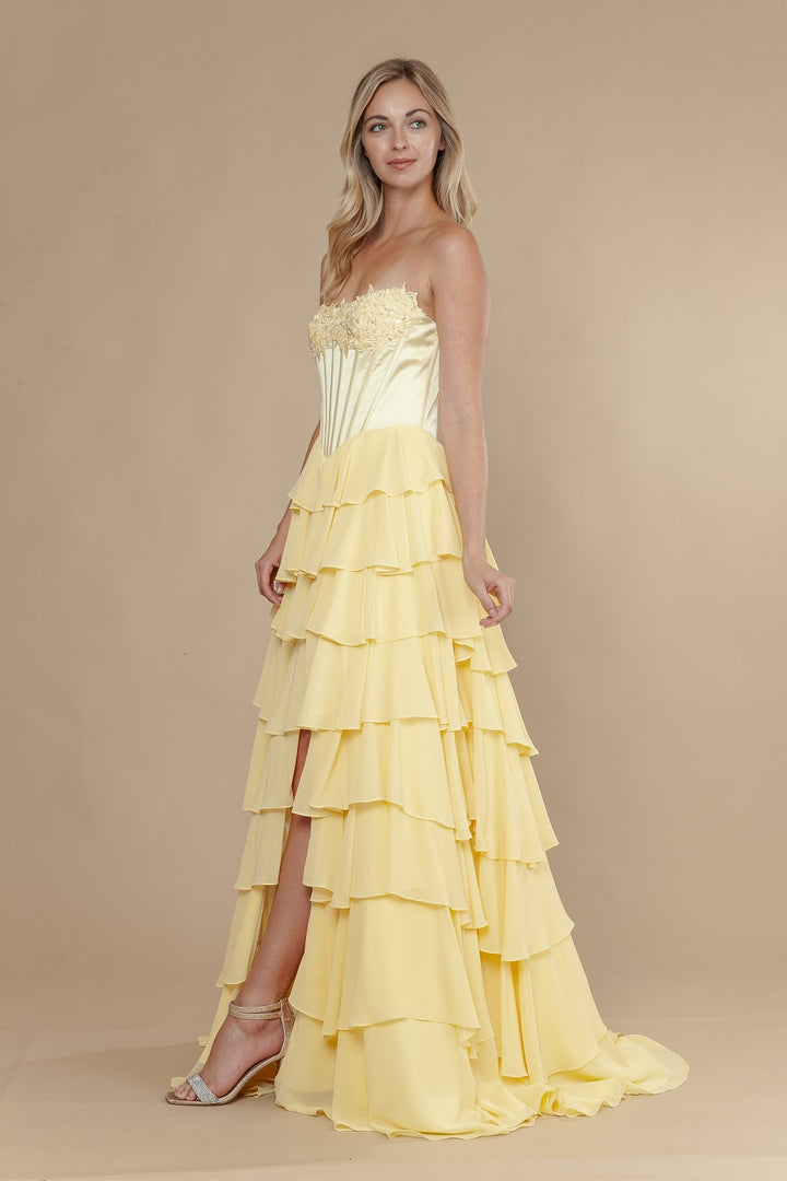 Strapless A-line Ruffled Slit Gown by Poly USA 25176
