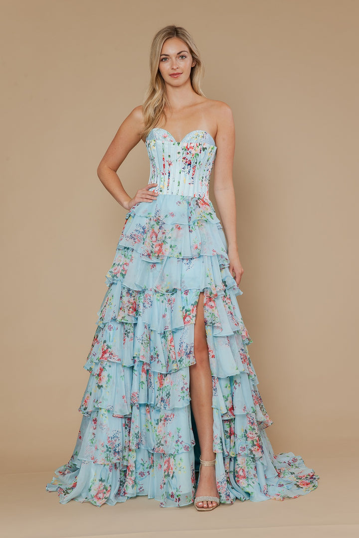 Print Strapless A-line Tiered Gown by Poly USA 25178