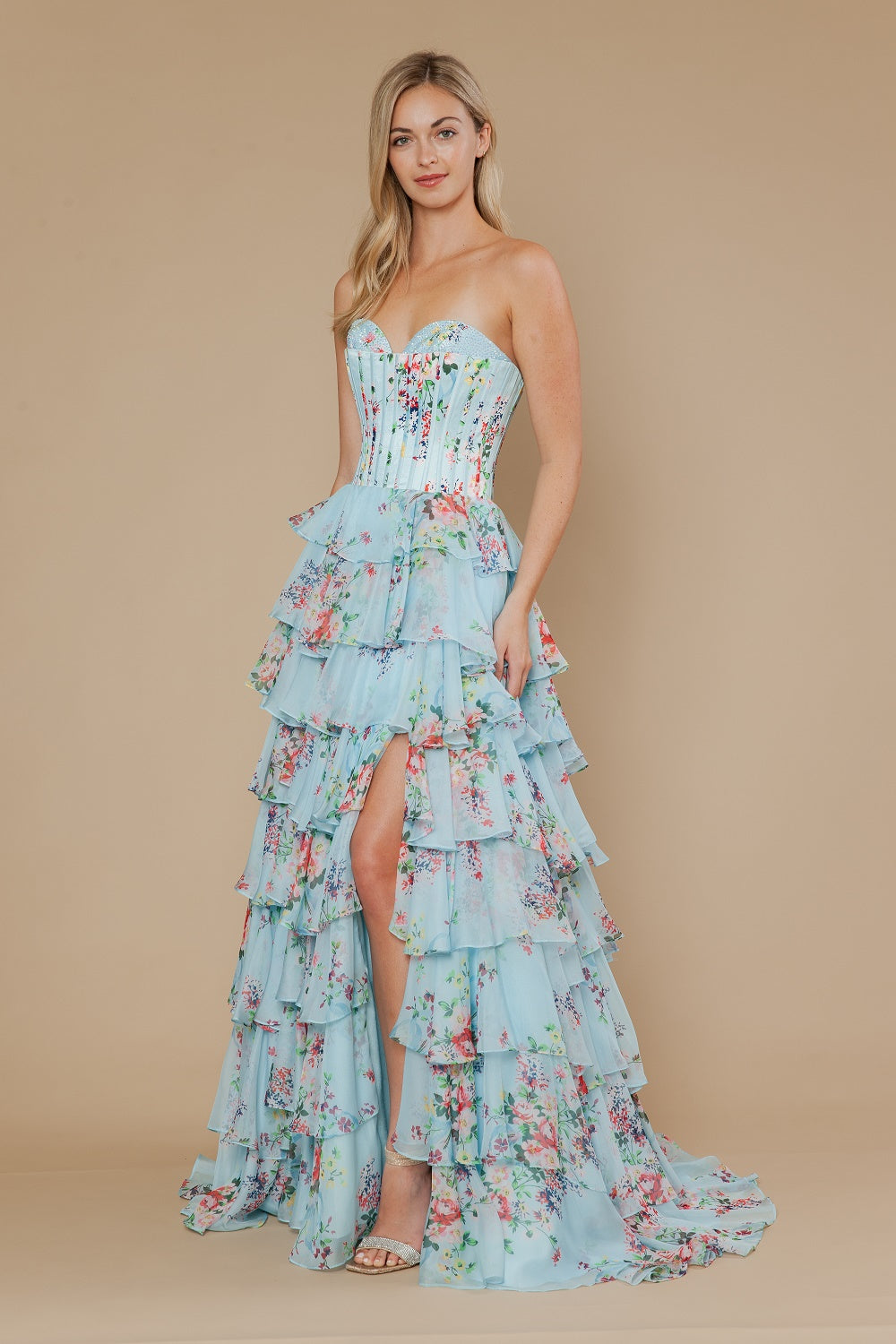 Print Strapless A-line Tiered Gown by Poly USA 25178