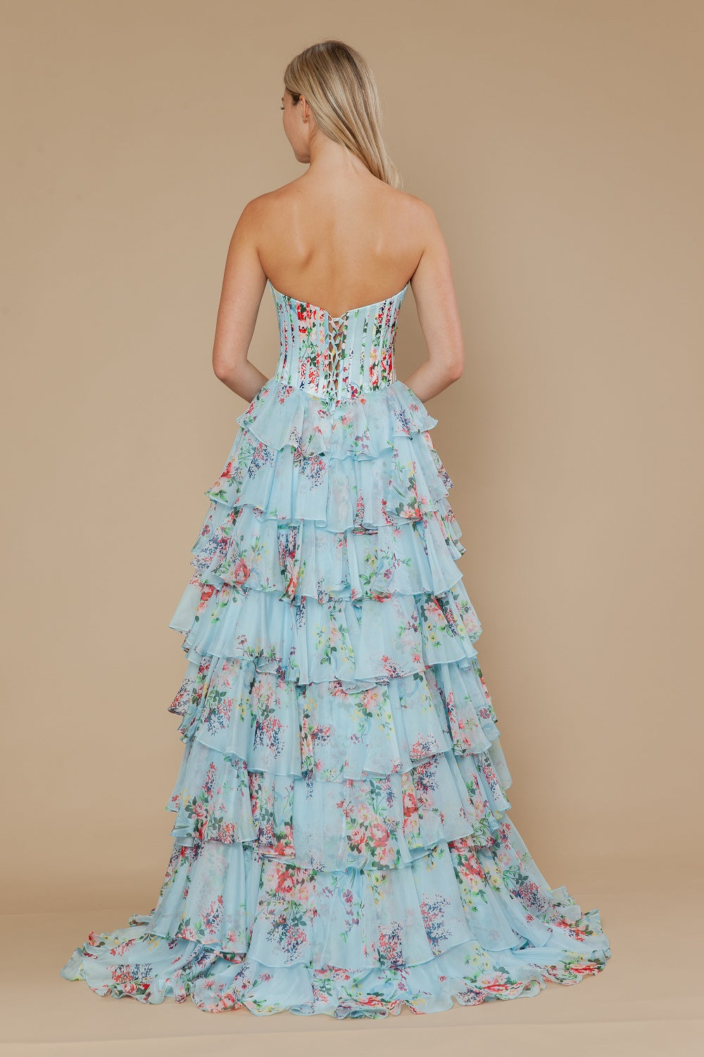 Print Strapless A-line Tiered Gown by Poly USA 25178