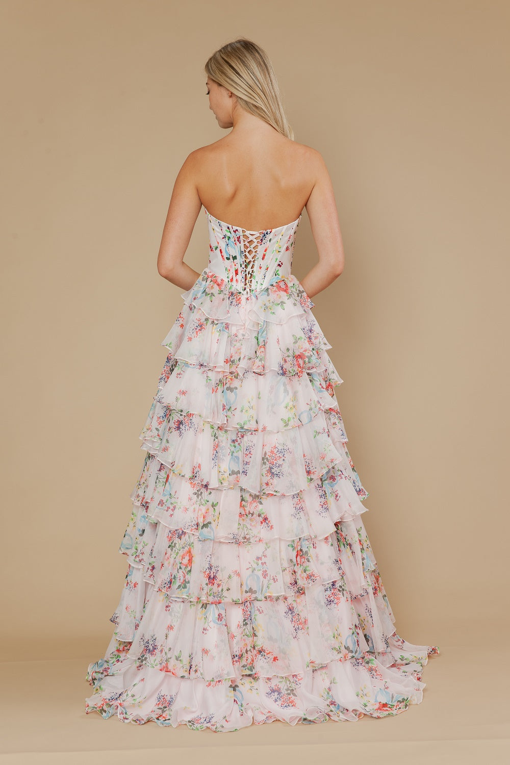 Floral Print Strapless Tiered Gown by Poly USA 25180