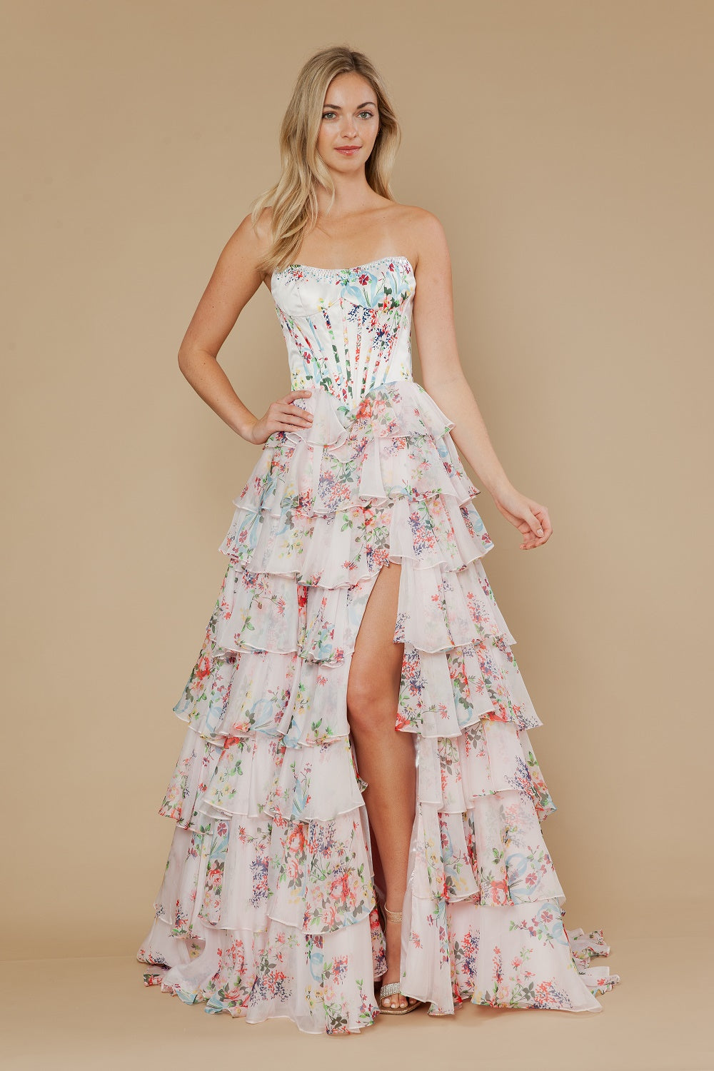 Floral Print Strapless Tiered Gown by Poly USA 25180