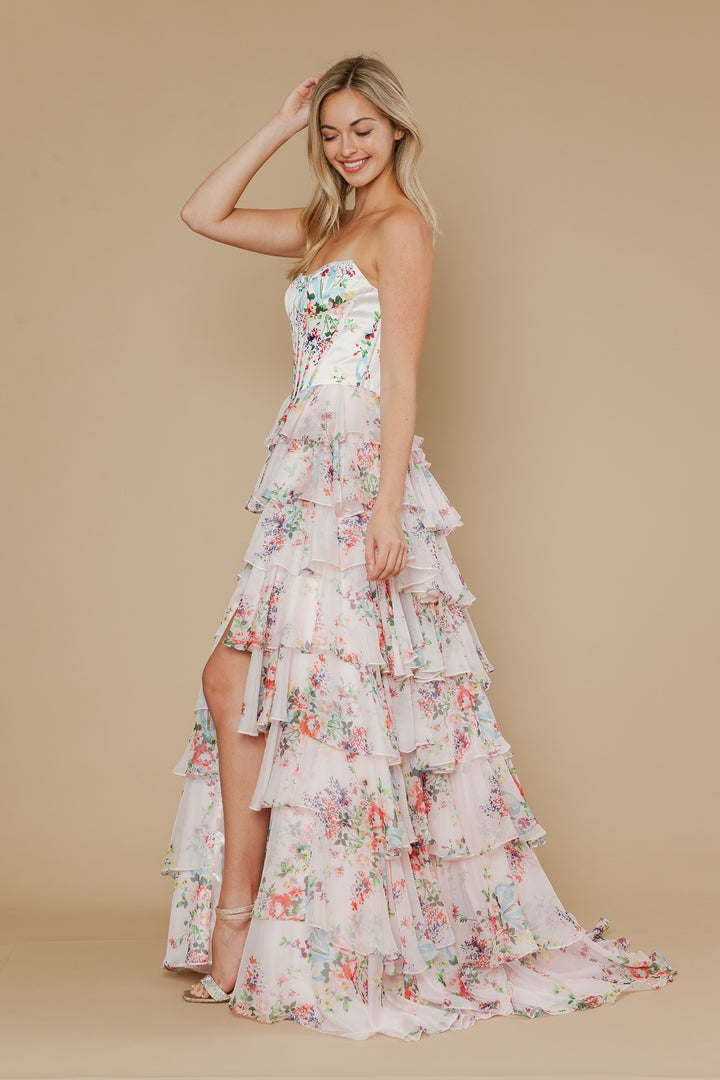 Floral Print Strapless Tiered Gown by Poly USA 25180