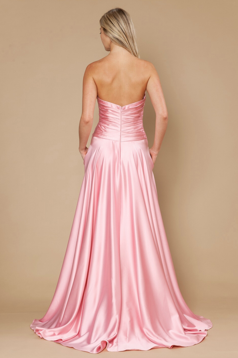 Satin Strapless A-line Slit Gown by Poly USA 25182