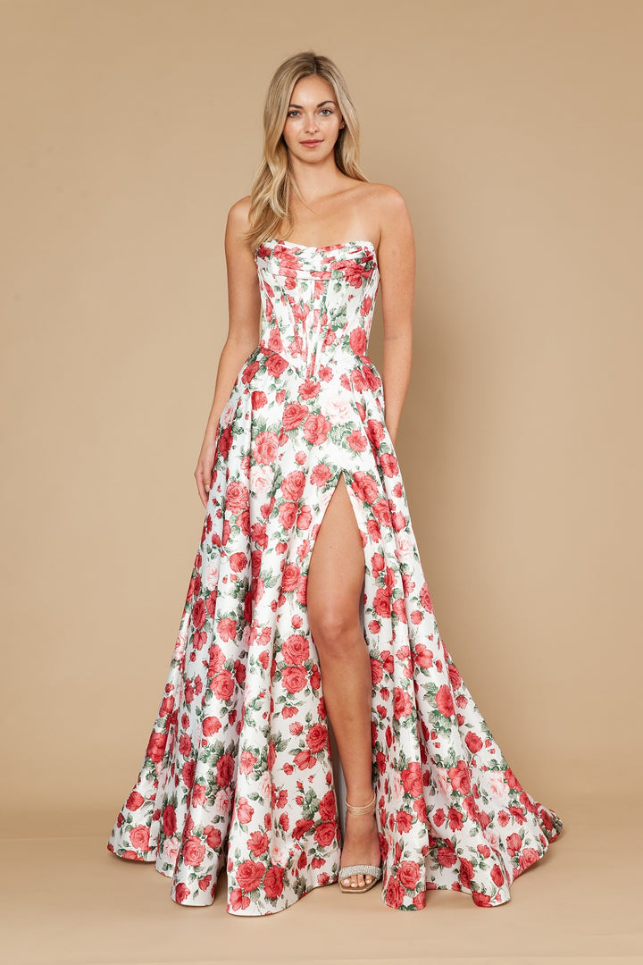 Print Strapless A-line Slit Gown by Poly USA 25186