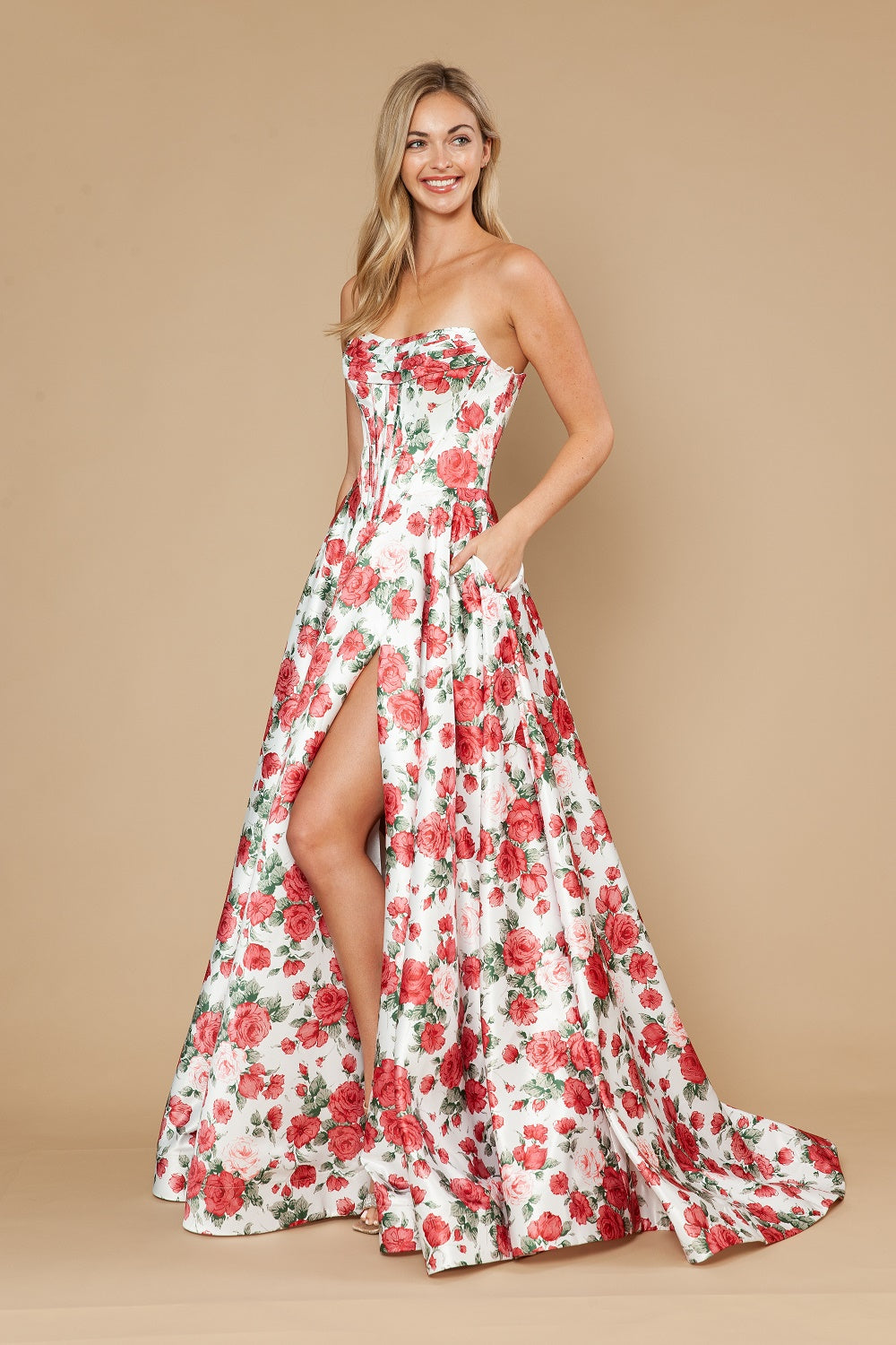 Print Strapless A-line Slit Gown by Poly USA 25186