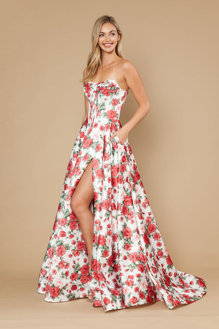 Print Strapless A-line Slit Gown by Poly USA 25186