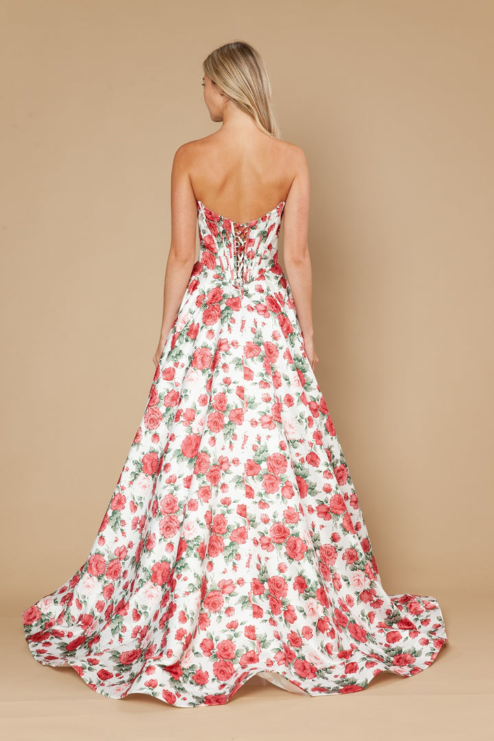Print Strapless A-line Slit Gown by Poly USA 25186