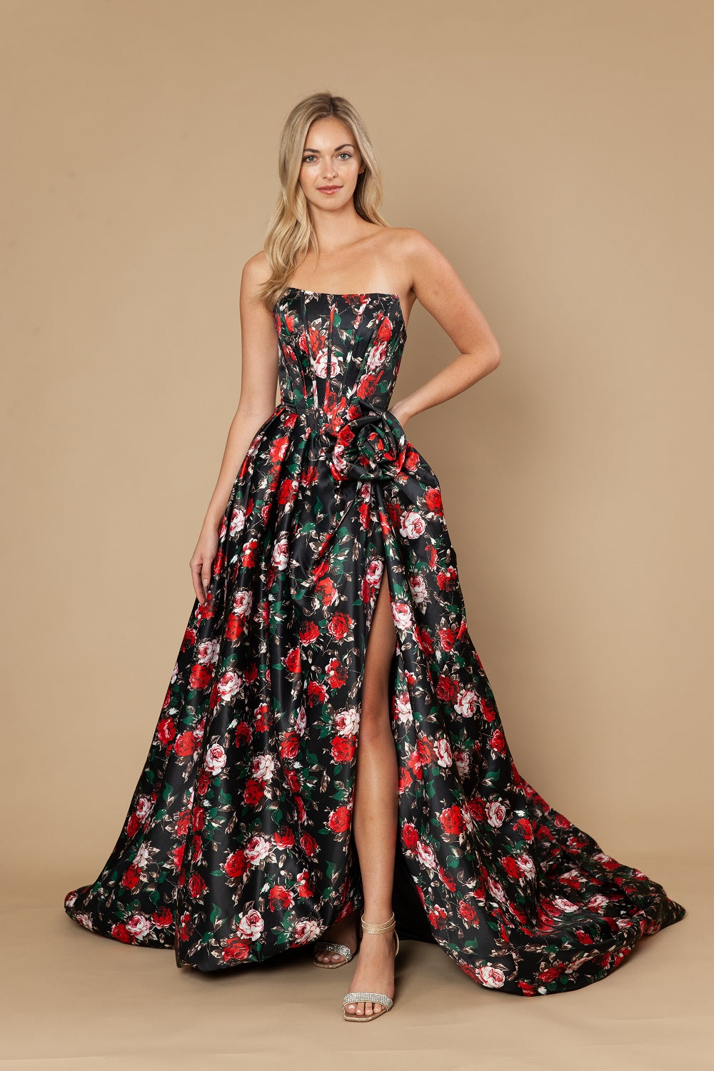 Floral Print Strapless A-line Gown by Poly USA 25188