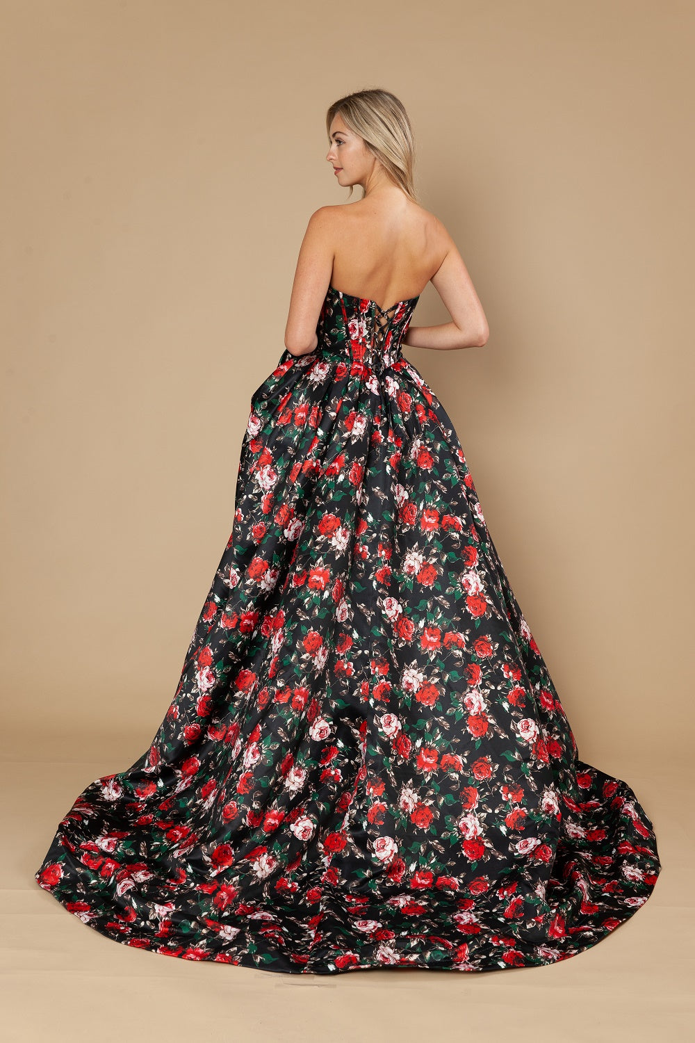 Floral Print Strapless A-line Gown by Poly USA 25188