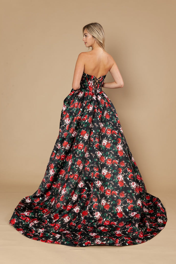 Floral Print Strapless A-line Gown by Poly USA 25188
