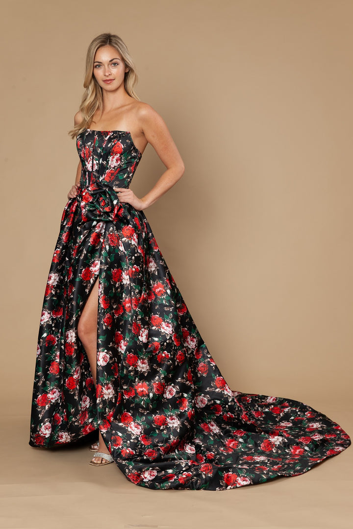 Floral Print Strapless A-line Gown by Poly USA 25188