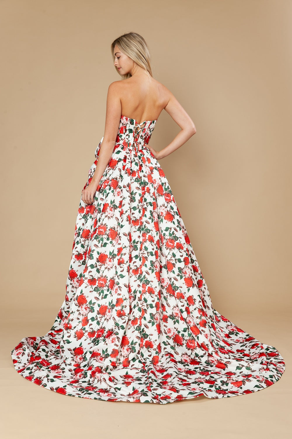 Floral Print Strapless A-line Gown by Poly USA 25188
