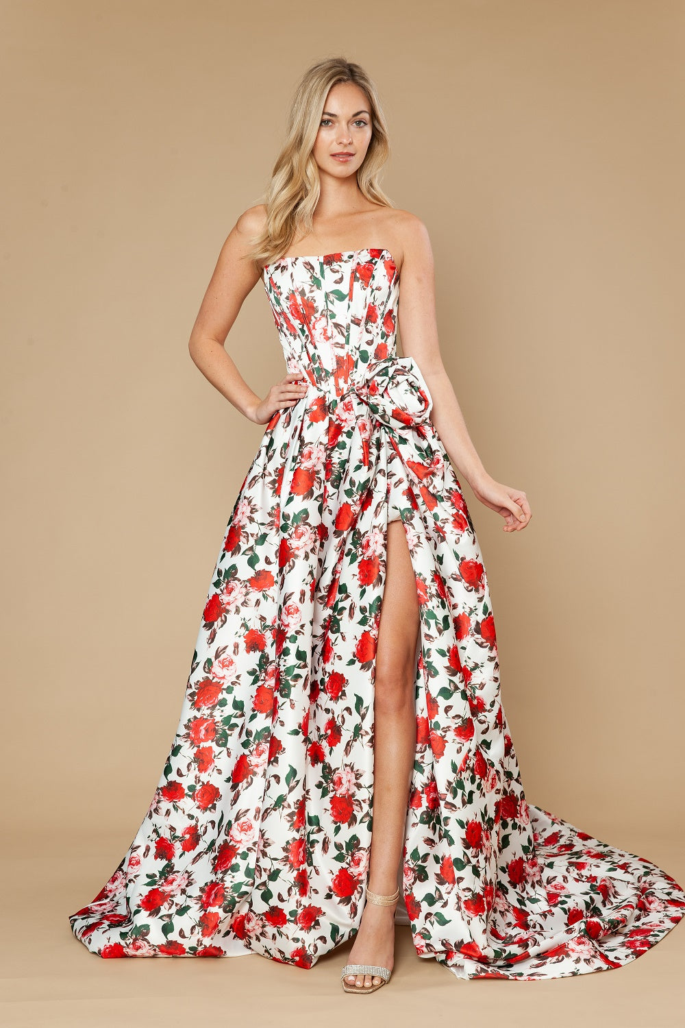 Floral Print Strapless A-line Gown by Poly USA 25188