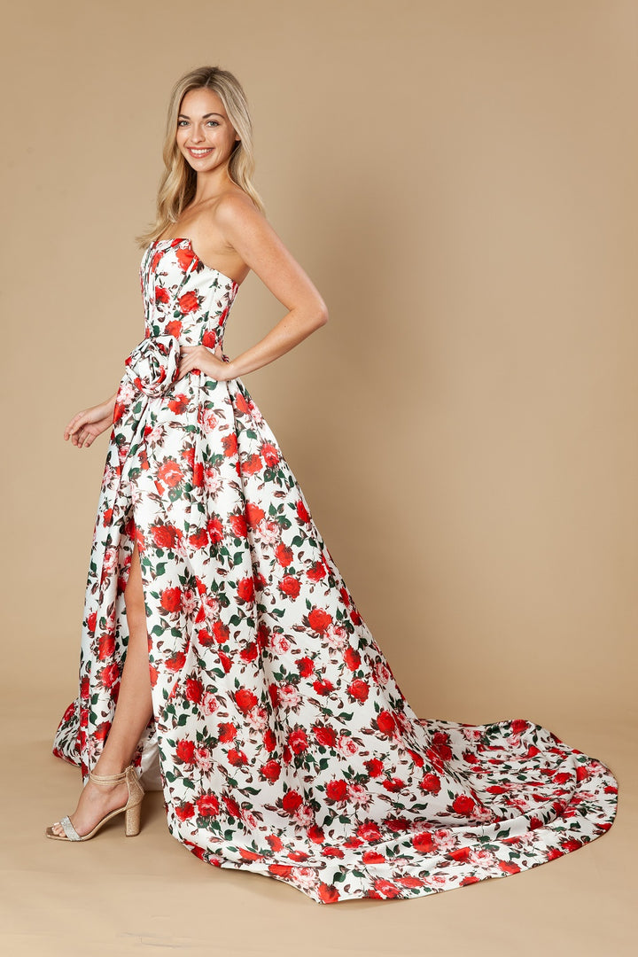 Floral Print Strapless A-line Gown by Poly USA 25188