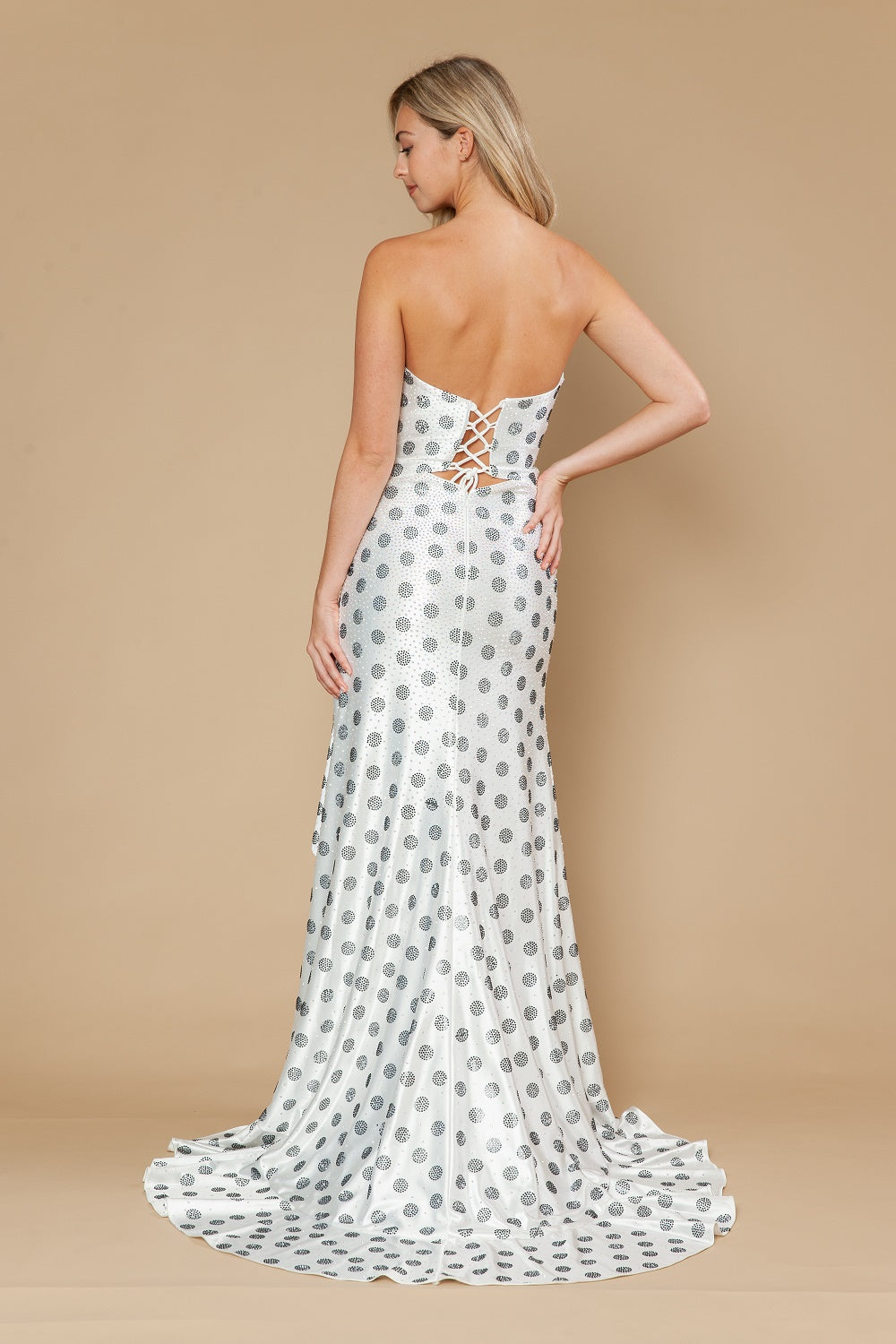 Polka Dot Strapless Slit Gown by Poly USA 25198