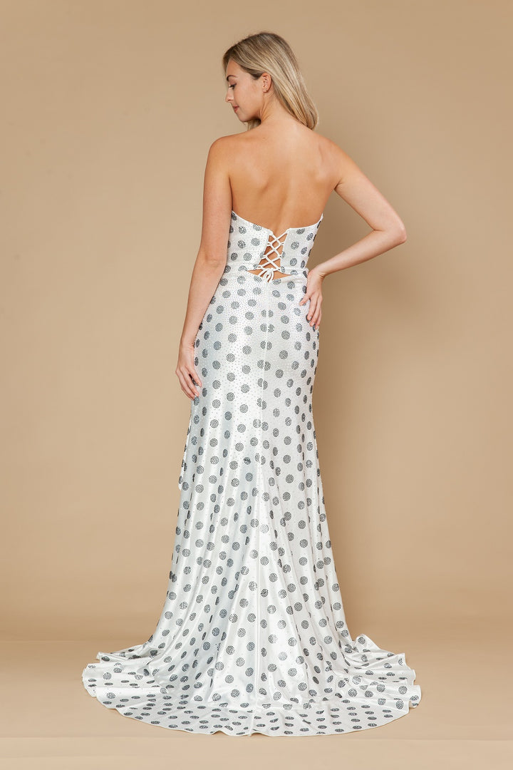 Polka Dot Strapless Slit Gown by Poly USA 25198