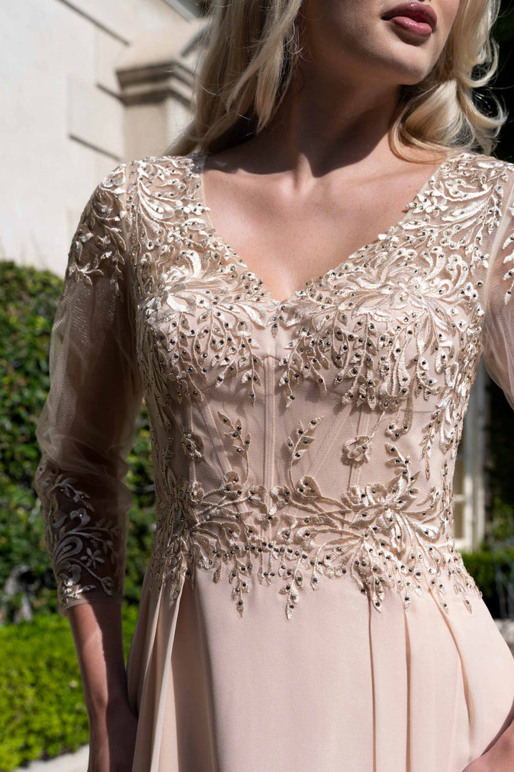 Applique Chiffon 3/4 Sleeve A-line Gown by Lenovia 8436
