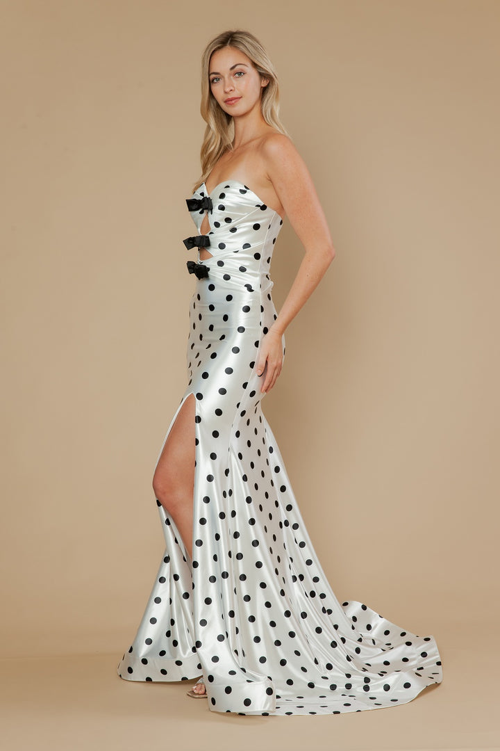 Polka Dot Strapless Slit Gown by Poly USA 25200