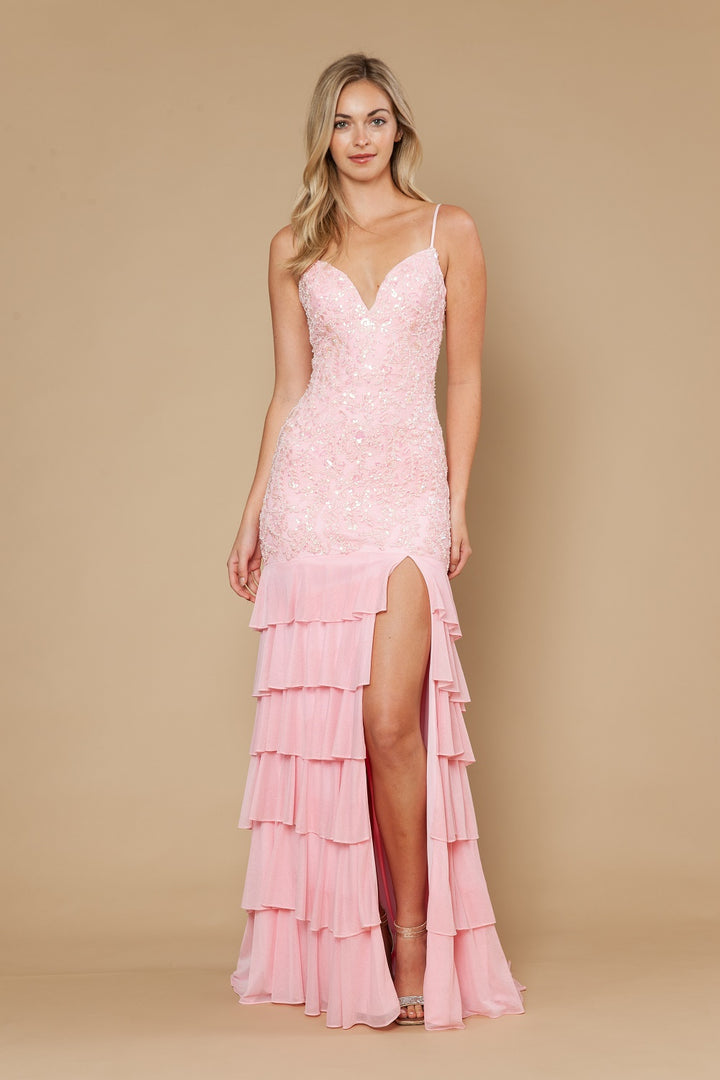 Beaded V-Neck Tiered Slit Gown by Poly USA 25204