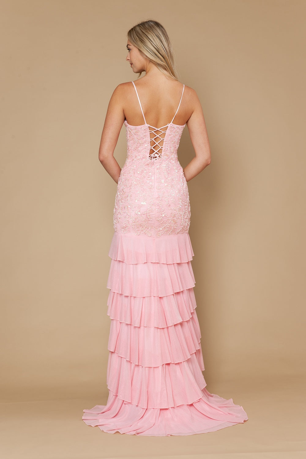 Beaded V-Neck Tiered Slit Gown by Poly USA 25204