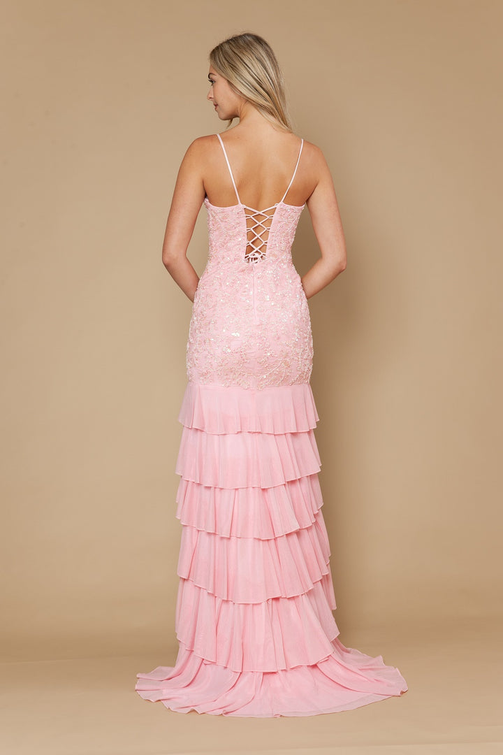Beaded V-Neck Tiered Slit Gown by Poly USA 25204