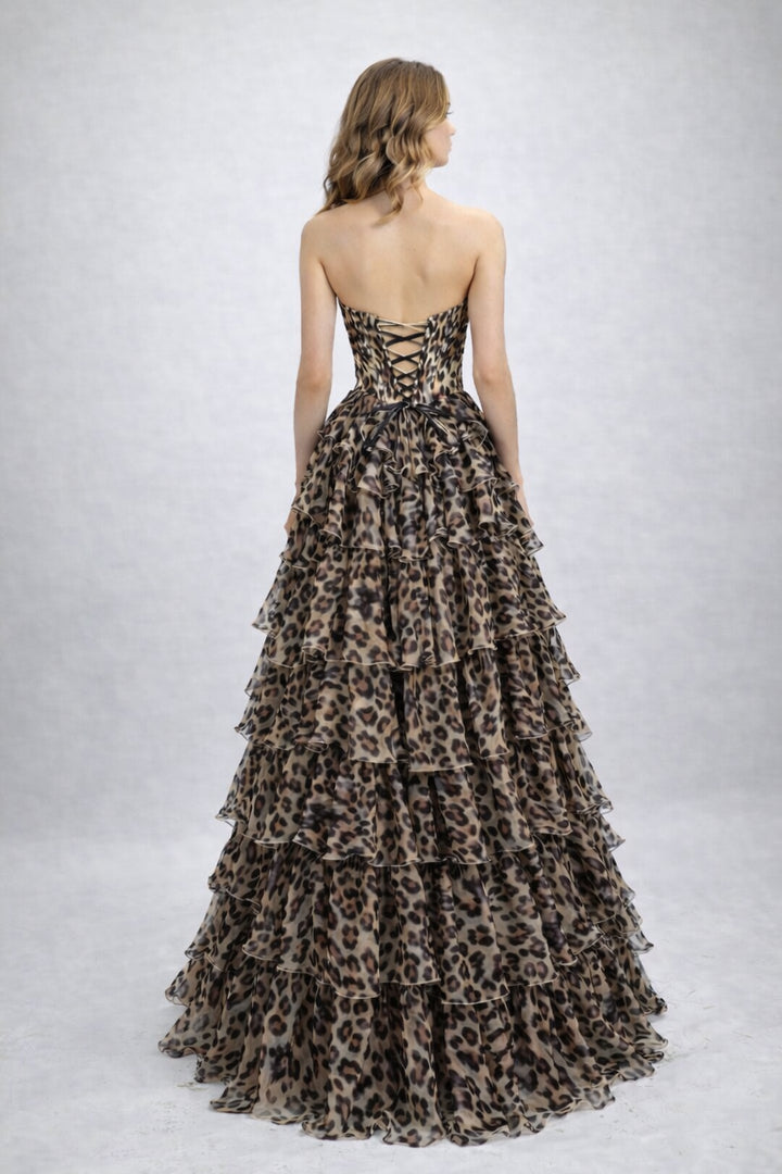 Animal Print Strapless Tiered Gown by Poly USA 25206