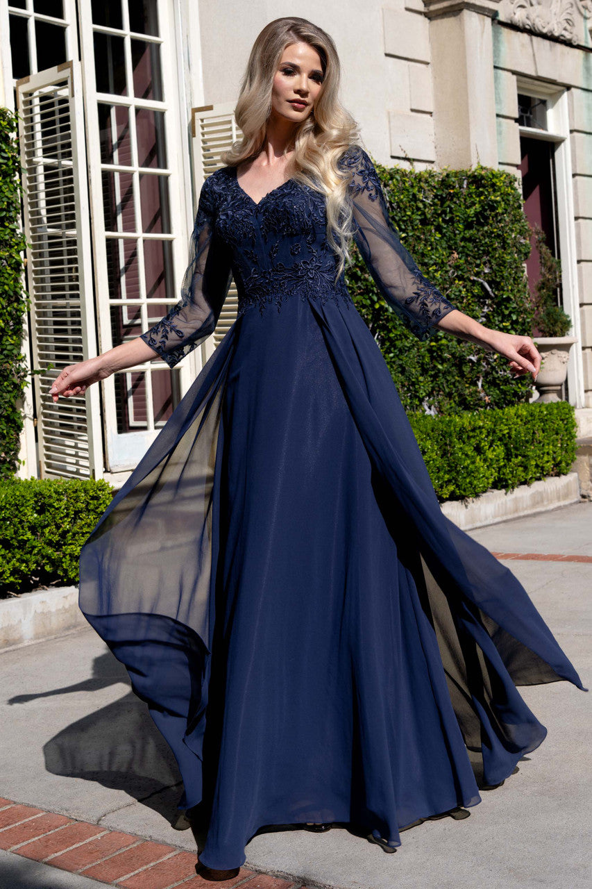 Applique Chiffon 3/4 Sleeve A-line Gown by Lenovia 8436