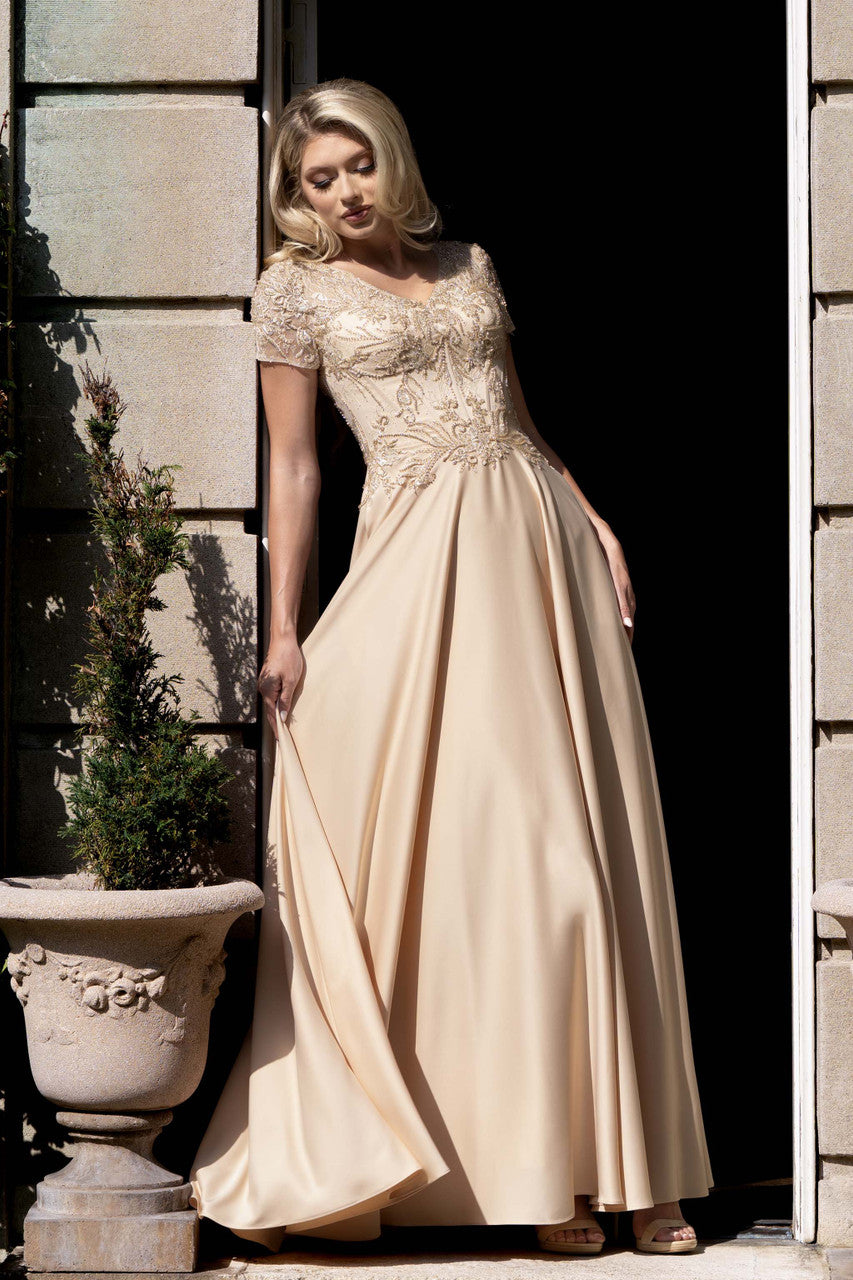 Applique Satin Short Sleeve A-line Gown by Lenovia 8419