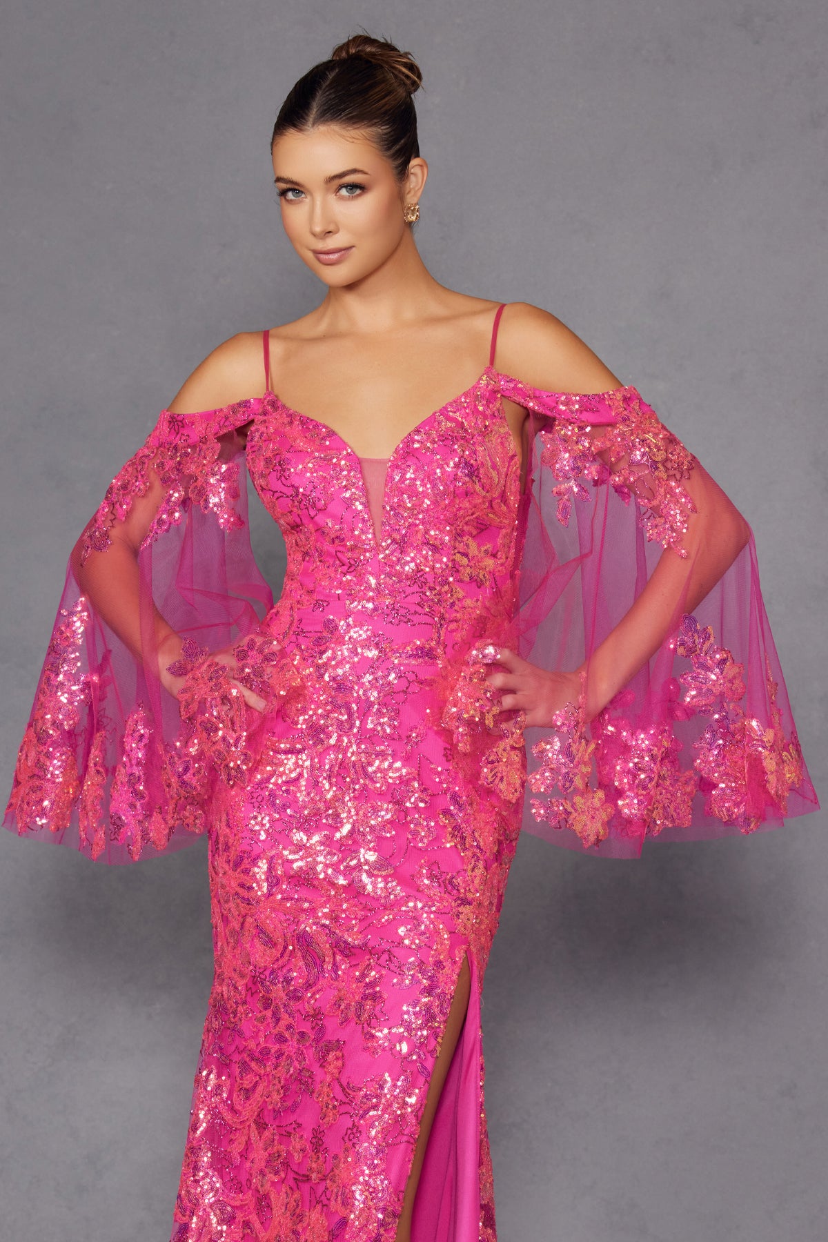 Glitter Print Cold Shoulder Slit Gown by Juliet JT2564U – ABC Fashion