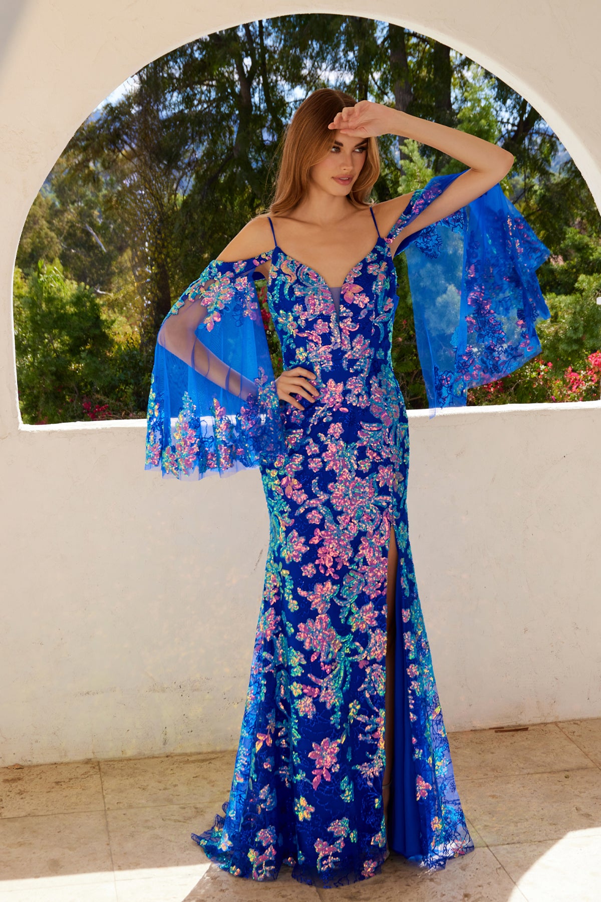 Glitter Print Cold Shoulder Slit Gown by Juliet JT2564U – ABC Fashion