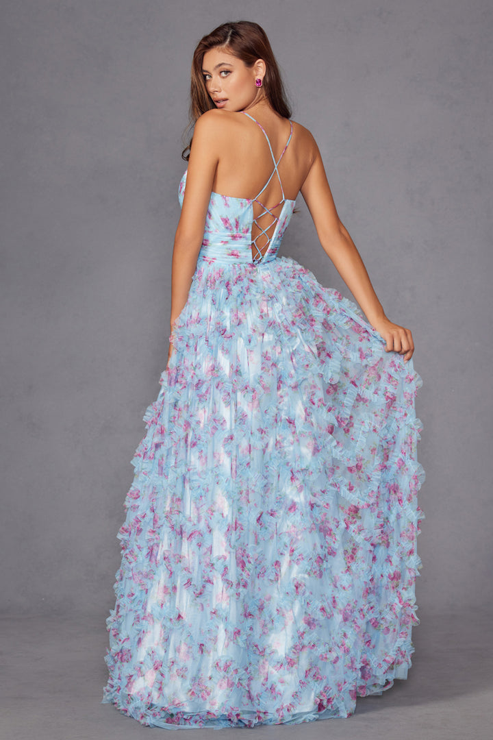 Print Sleeveless Ruffled Slit Gown by Juliet JT2572U