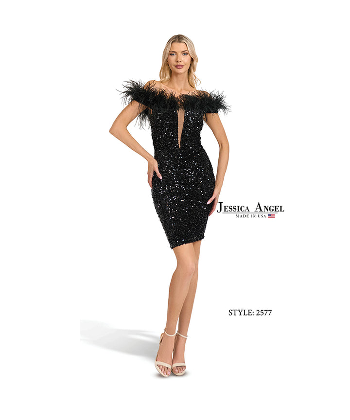 Velvet Sequin Short Feather Dress by Jessica Angel 2577