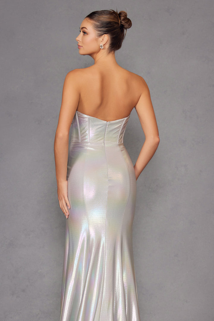 Iridescent Strapless Slit Gown by Juliet JT2579H