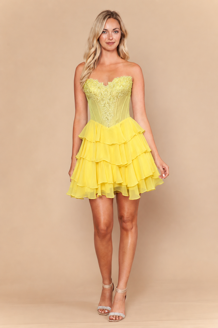 Applique Short Strapless Tiered Dress by Poly USA 26132