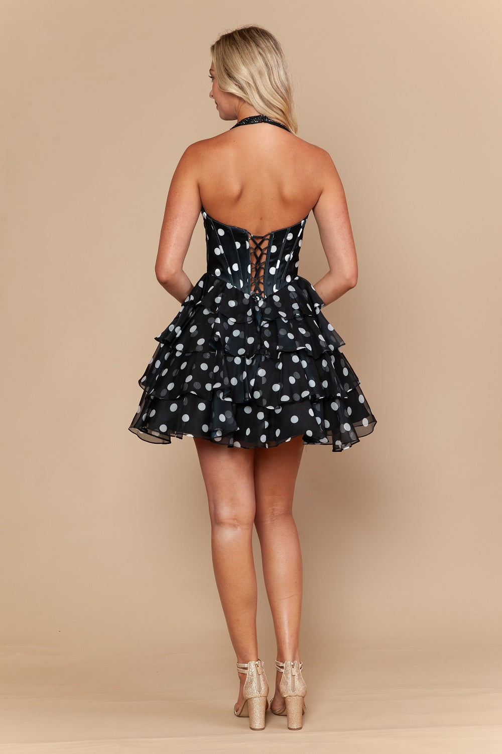 Polka Dot Short Halter Ruffled Dress by Poly USA 26162