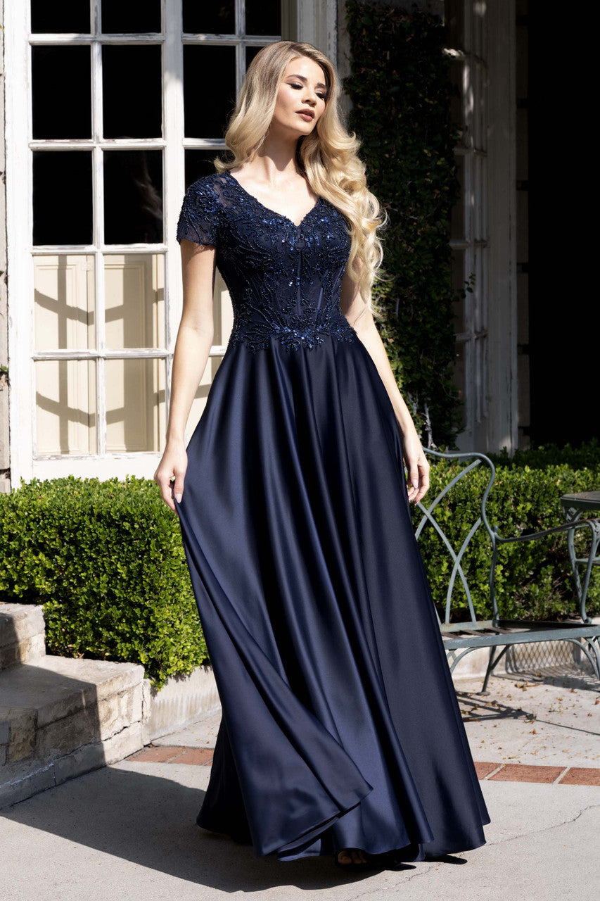 Applique Satin Short Sleeve A-line Gown by Lenovia 8419