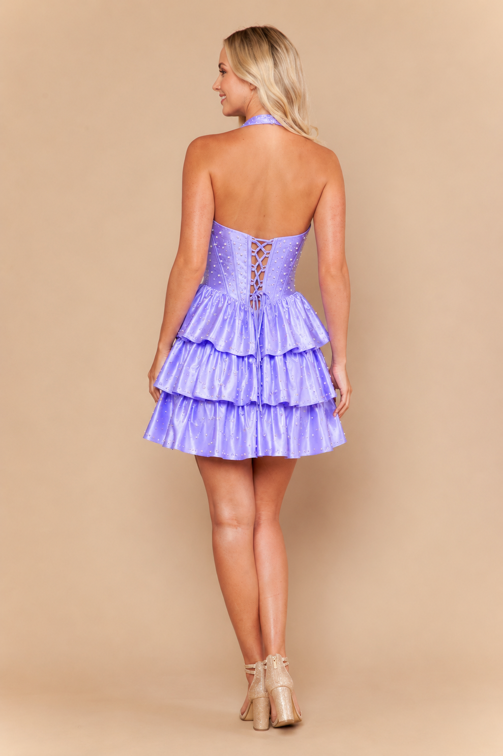 Beaded Short Halter Tiered Dress by Poly USA 26270