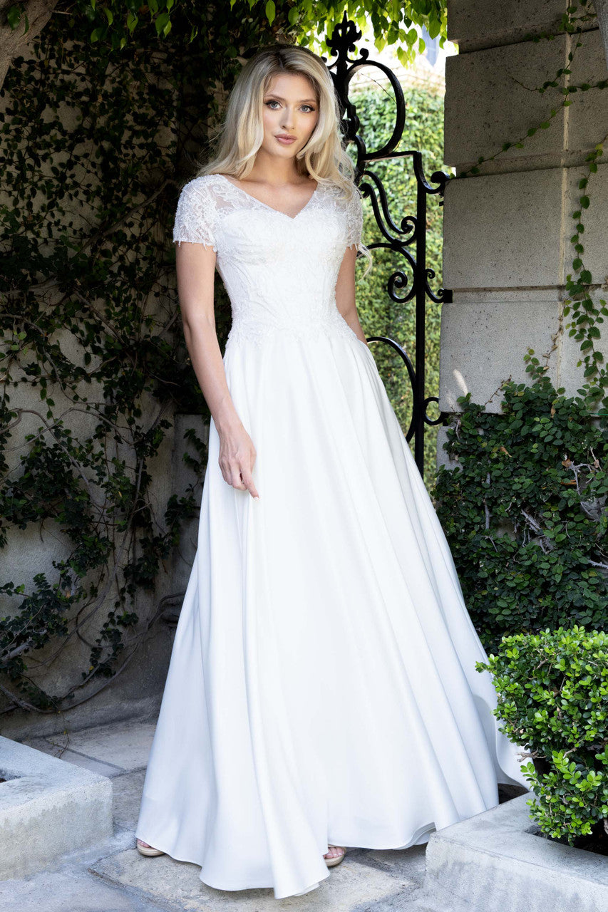 Applique Satin Short Sleeve A-line Gown by Lenovia 8419