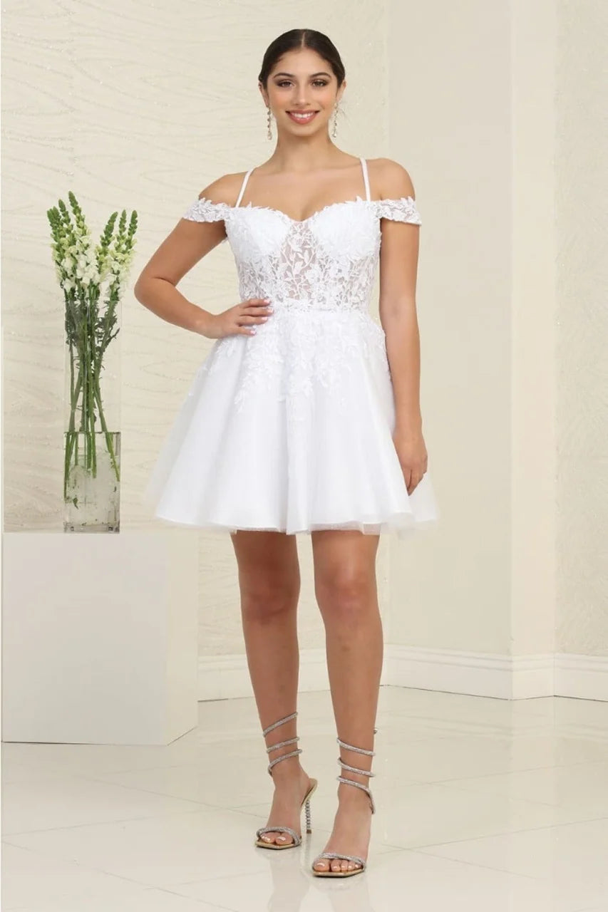 Applique Short Cold Shoulder Dress by May Queen MQ2099