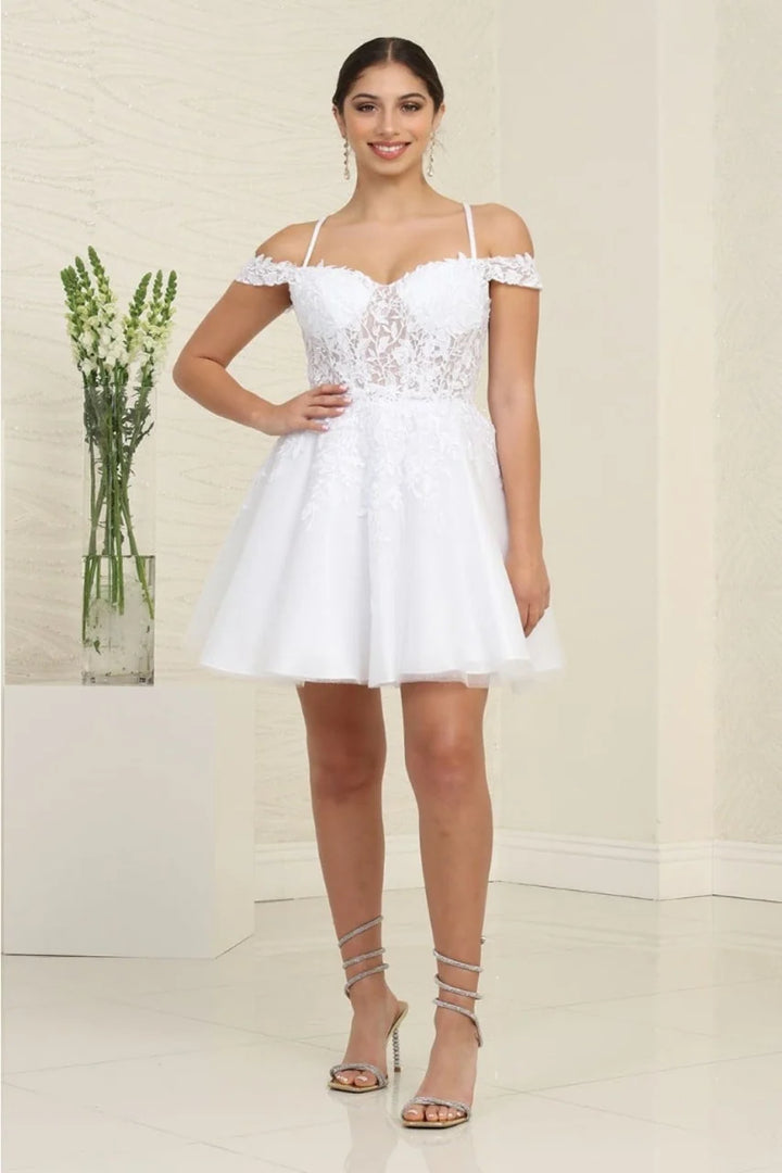 Applique Short Cold Shoulder Dress by May Queen MQ2099