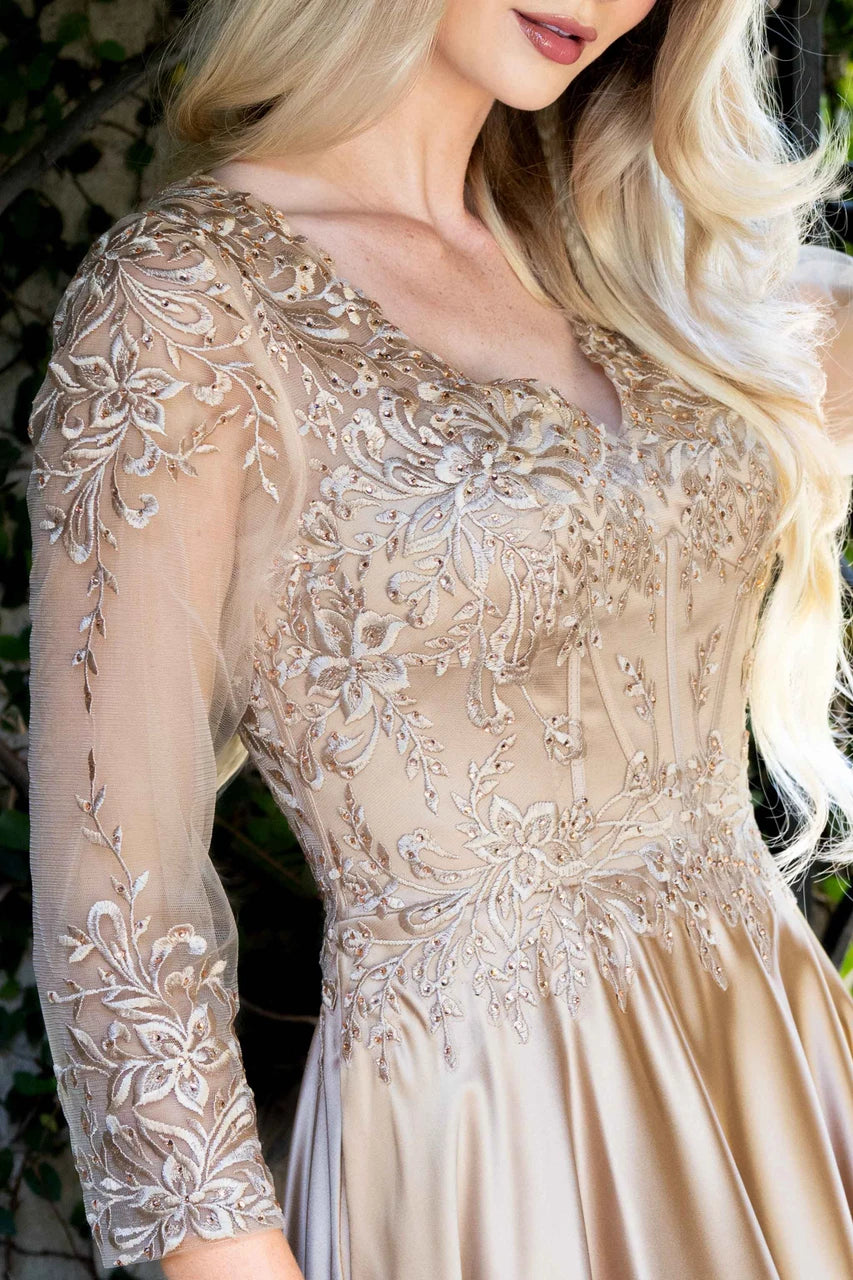 Applique Satin 3/4 Sleeve A-line Gown by Lenovia 8435