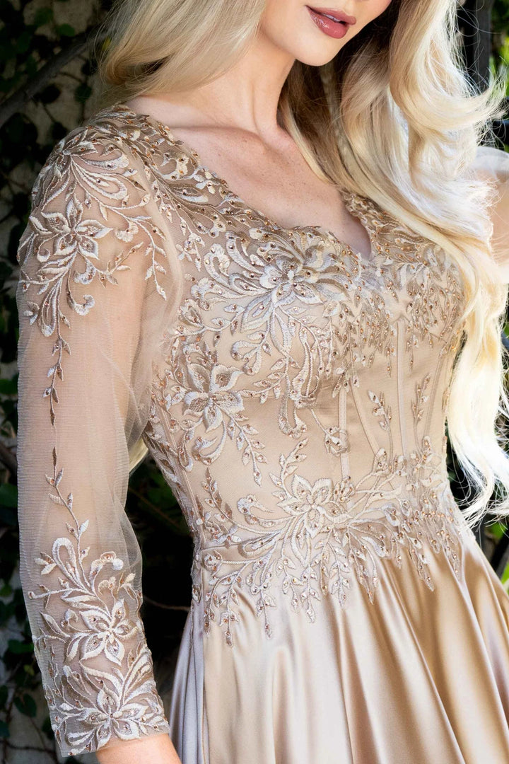 Applique Satin 3/4 Sleeve A-line Gown by Lenovia 8435
