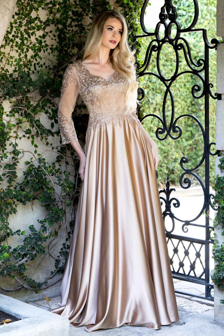 Applique Satin 3/4 Sleeve A-line Gown by Lenovia 8435