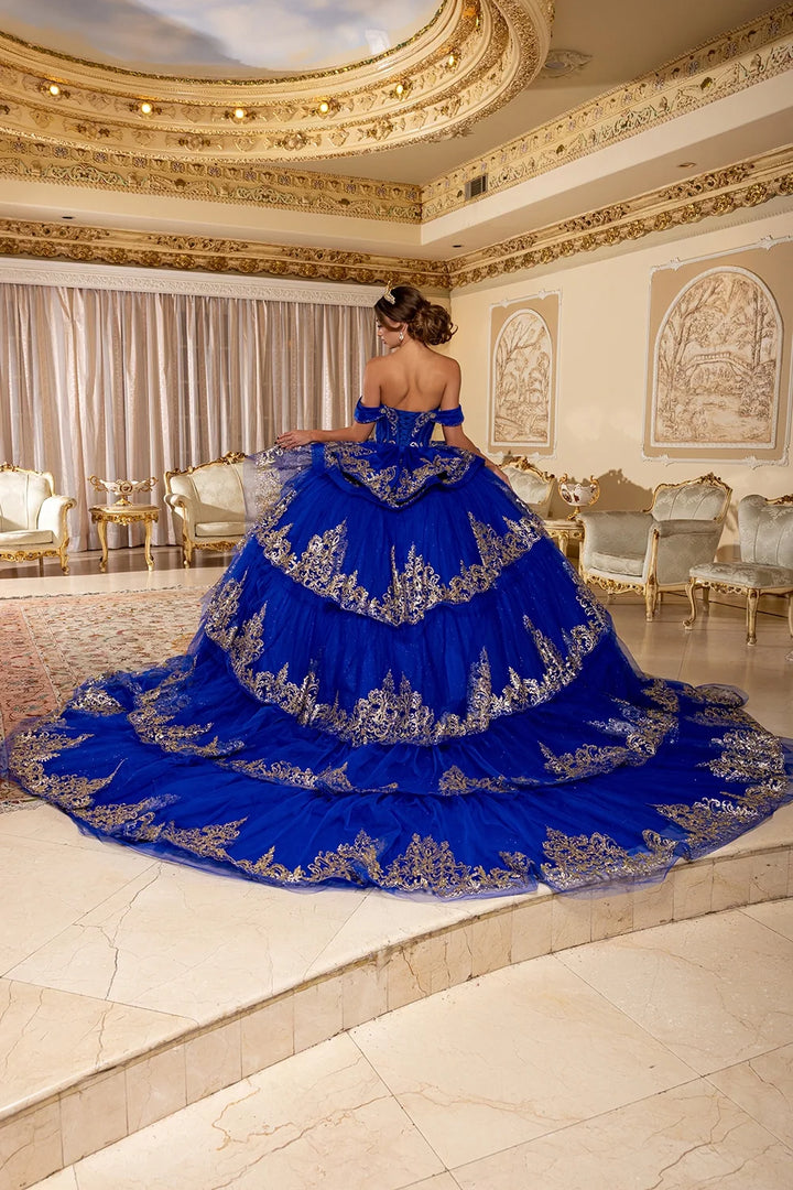 Off Shoulder Tiered Ball Gown by May Queen LK302