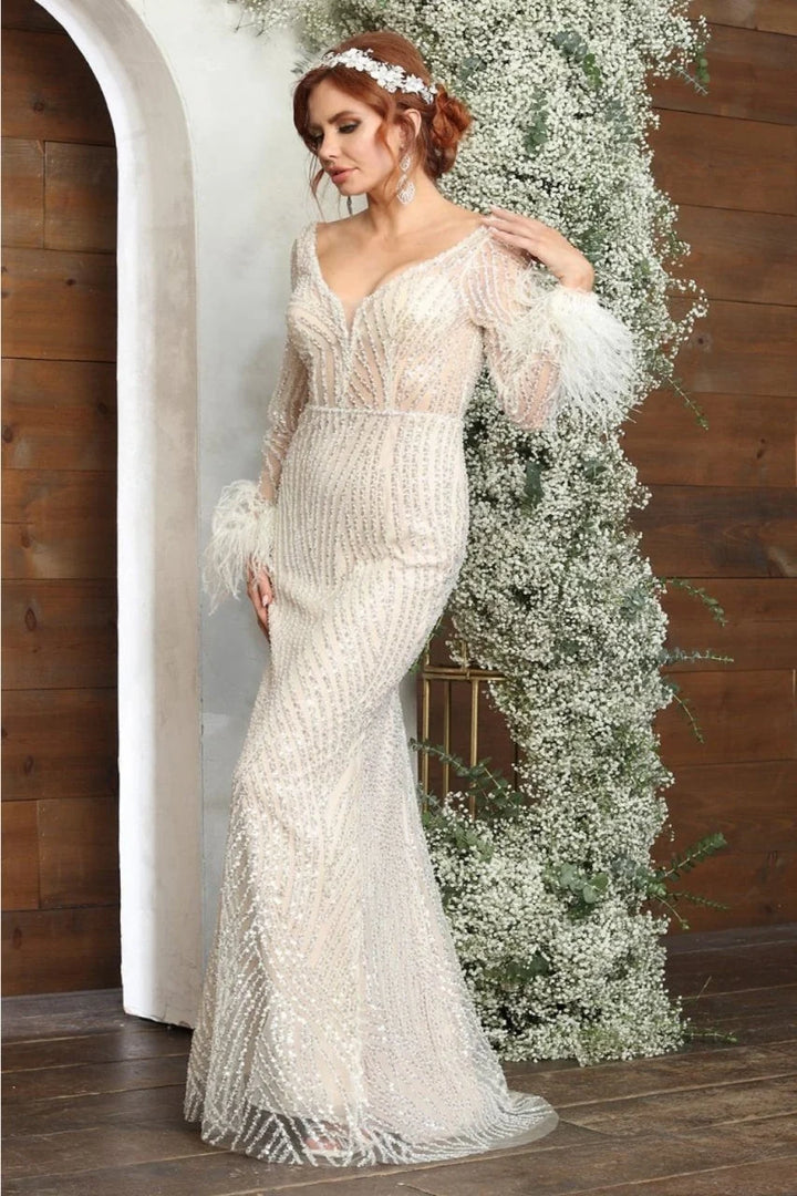 Beaded Feather Long Sleeve Gown by May Queen RQ8043