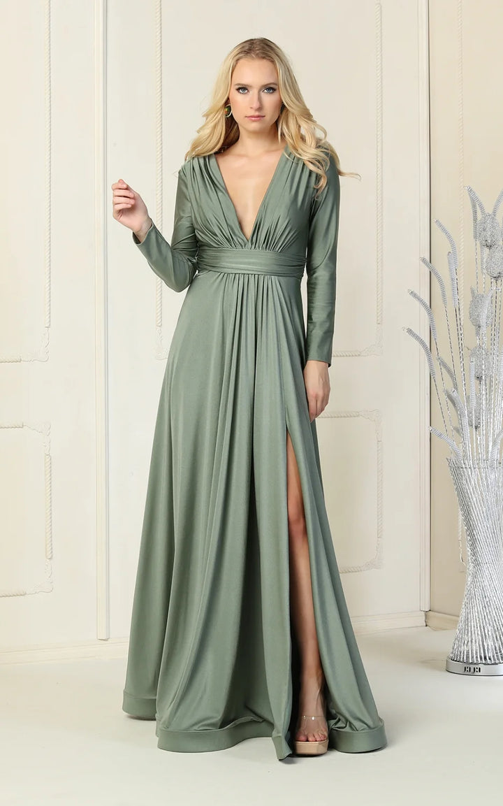 Long Sleeve A-line Slit Gown by May Queen MQ1835