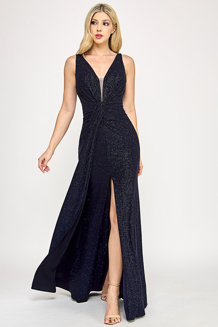 Glitter Fitted V-Neck Slit Gown by Lenovia 5308